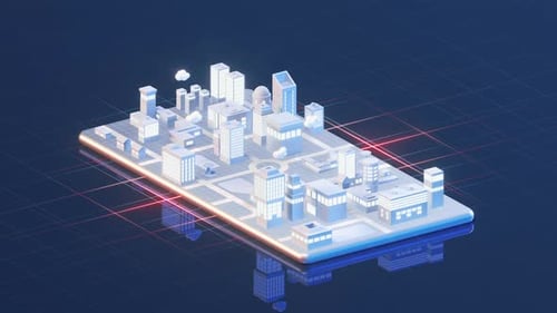 Futuristic Digital City Construction on Tablet Screen Animation