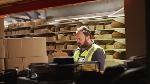 Caucasian male factory worker at a factory standing in a workshop, counting, inspecting