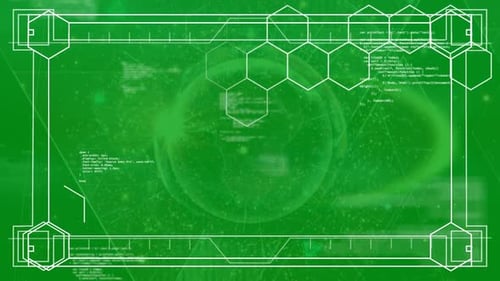 Lots of hexagons drawing beehive while framed is formed. It\'s a green background with ball on cent