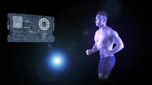 Hologram Man Runs on Black Background Using Slides Computer Graphics