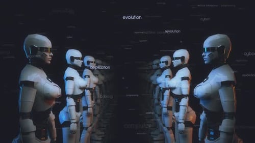 Futuristic Female Robot Figures with Dynamic AI Technology Text