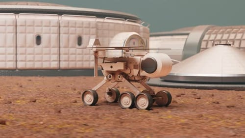 Planetarischer Rover geht zur kosmischen Basis. Das Testfahrzeug kehrt zur Weltraumbasis zurück.