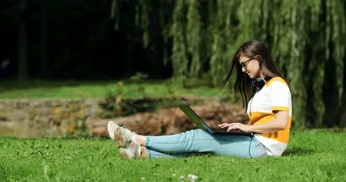 Frau arbeitet im Park am Laptop