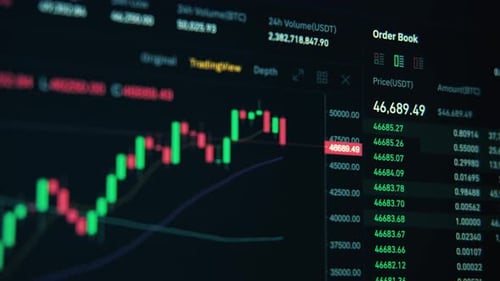 Close view of a screen with Stocks on it. Full Bitcoin info, prices, graphs, history, dynamis