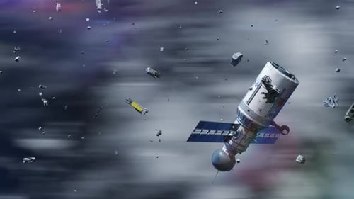Satellit umkreist die Erde zwischen den Weltraummüll.