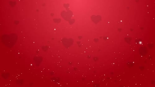 Romantic Red Background with Floating Hearts and Sparkling Particles