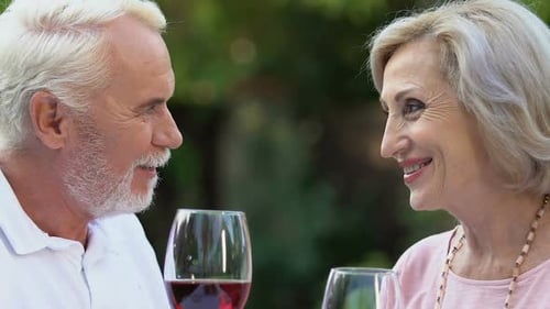 Aged Wife and Husband Enjoying Time Drinking Wine, Smiling at Camera, Marriage