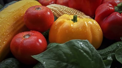 Fresh Vegetables with Water Droplets, Close Up