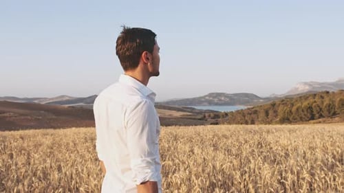 Clipe de homem com a cabeça virada contra a câmera andando no campo de trigo no verão