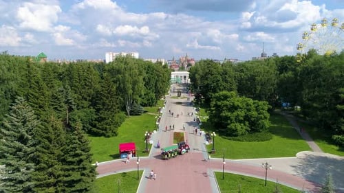 Town Square in the Park in Summer Cloudly Day - Drone Footage