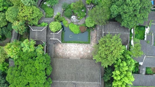 Aerial of Ancient traditional garden, Suzhou garden, in China.