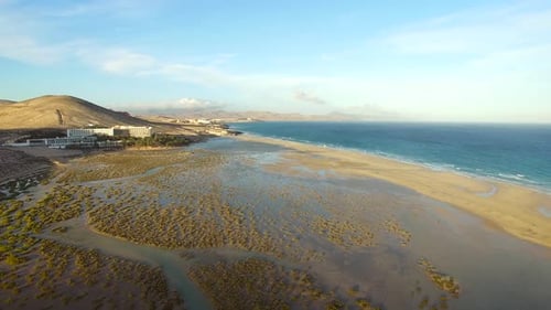 Aerial view of empty beach at Sotavento lagoon beach in Fuerteventura.
