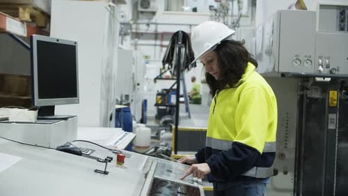Side View of Concentrated Worker Setting Printing Machine