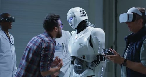 Scientist Testing Robot with Gestures