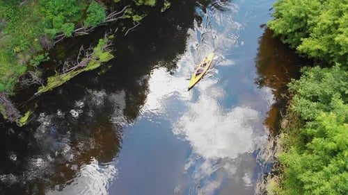 Aerial Drone View of Sport Kayak on Summer Calm Forest River