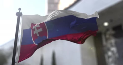 Realistic Slovakia Flag Waving on Flagpole with Lens Flare