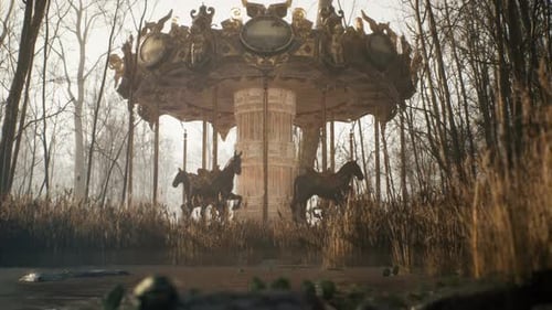 Abandoned Carousel in Eerie Foggy Forest Animation