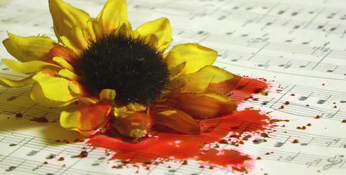 Sunflower with Simulated Blood on Musical Notes