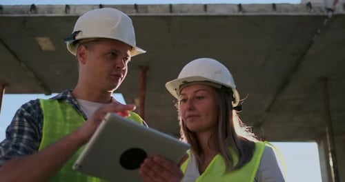 Construction Site Team or Architect and Builder or Worker with Helmets Discuss on a Scaffold