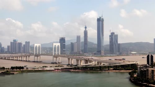 Chinese Sai Van Bridge Between Macao and Zhuhai Timelapse