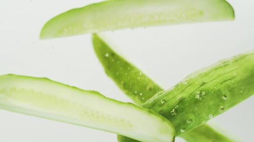 Fresh Cucumber Falling Into The Water In White Background. - close up, slow motion