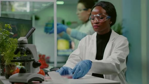 Female Scientist Examining Lab Grown Meat Sample
