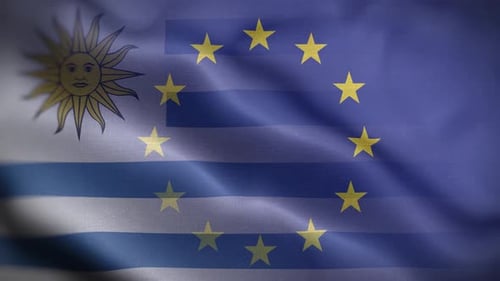 Waving Combined Flag of Uruguay and European Union