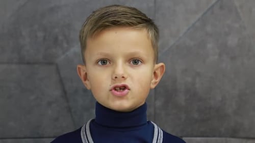 Portrait of Funny Little Boy Talking to Camera