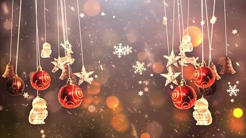 Festive Christmas Ornaments with Falling Snowflakes Background Animation