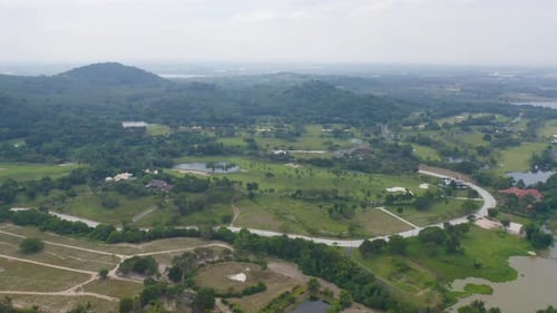 Aerial view of Golf Course Club and hotel resort. Green natural garden park