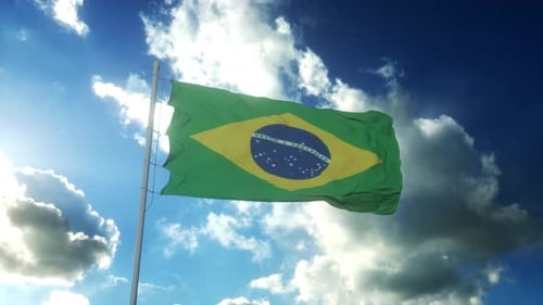 Realistic Brazilian Flag Waving in Sunny Blue Sky with Clouds