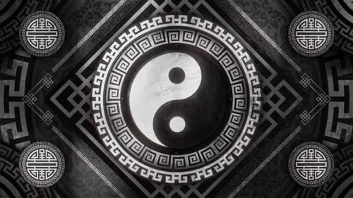 Animated Rotating Yin Yang Symbol with Traditional Asian Patterns