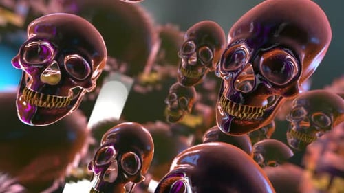 Floating Metallic Skulls Animation in Neon Futuristic Style