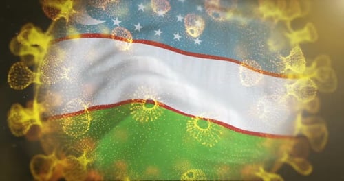 Uzbekistan Flag With Coronavirus Microbe Centered