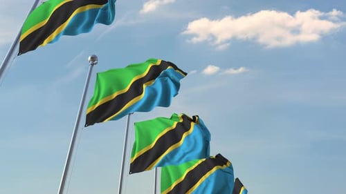 Realistic Waving Tanzanian Flags on Flagpoles Under Blue Sky