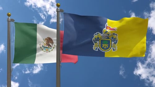 Waving Flags of Mexico and Coat of Arms in Blue Sky