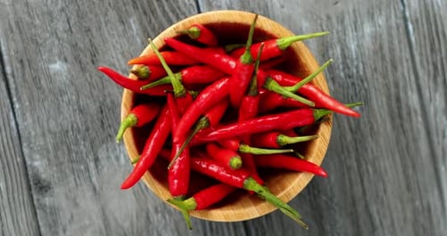 Red Chili Peppers in Wooden Bowl Rotating