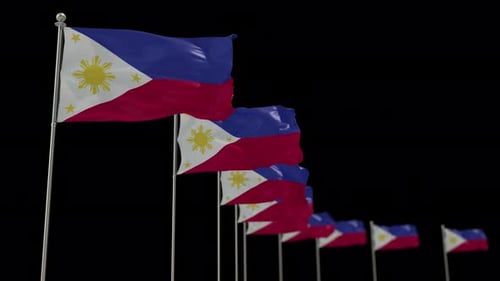 Philippine Flags Waving in Wind Against Black Background