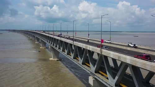 Aerial view of Padma bridge, over the Padma river by day, Dhaka, Bangladesh.