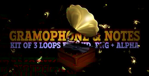 Animated Retro Gramophone and Golden Music Notes Loop