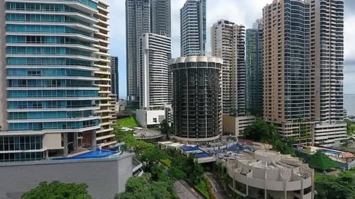 Aerial approach of Panama city buildings