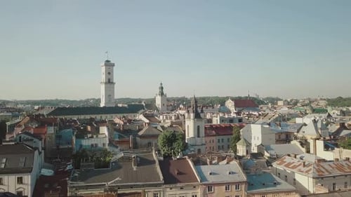 Aerial City Lviv, Ukraine. European City. Popular Areas of the City. Town Hall