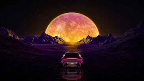 Synthwave Retro Car Driving Grid with Neon Horizon and Giant Sun