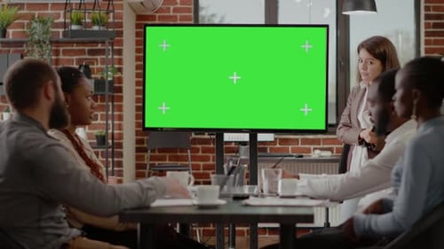Workmates Using Isolated Green Screen on Monitor