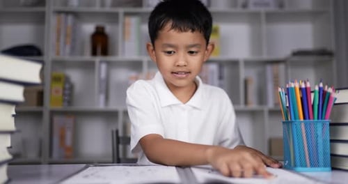 Young Boy Studying Book at Table Indoors