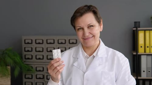Woman Doctor Holding Up Blister Pack of Pills