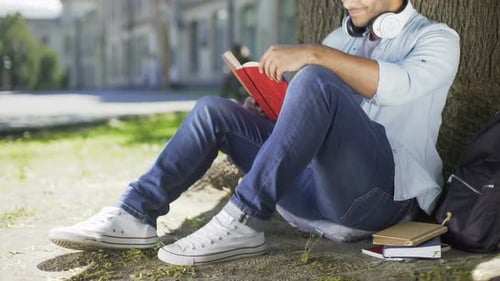 Gemischtrassiger Mann sitzt unter Baum und liest, lächelt und schließt Buch, glücklich