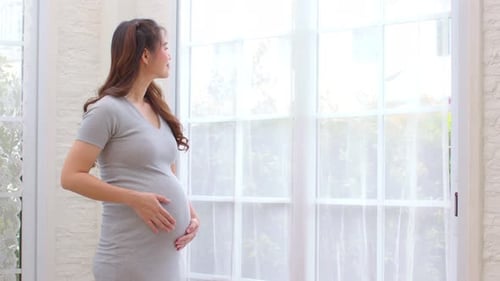 Happy Pregnant Woman standing in front of windows and stroking her big belly with love at cozy home