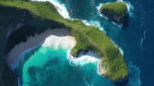 Aerial view at sea and rocks. Kelingking beach, Nusa Penida, Bali, Indonesia