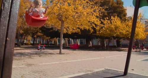 Slow Motion Riding Pretty Baby Boy and Girl on Swing Playground in Autumn Park